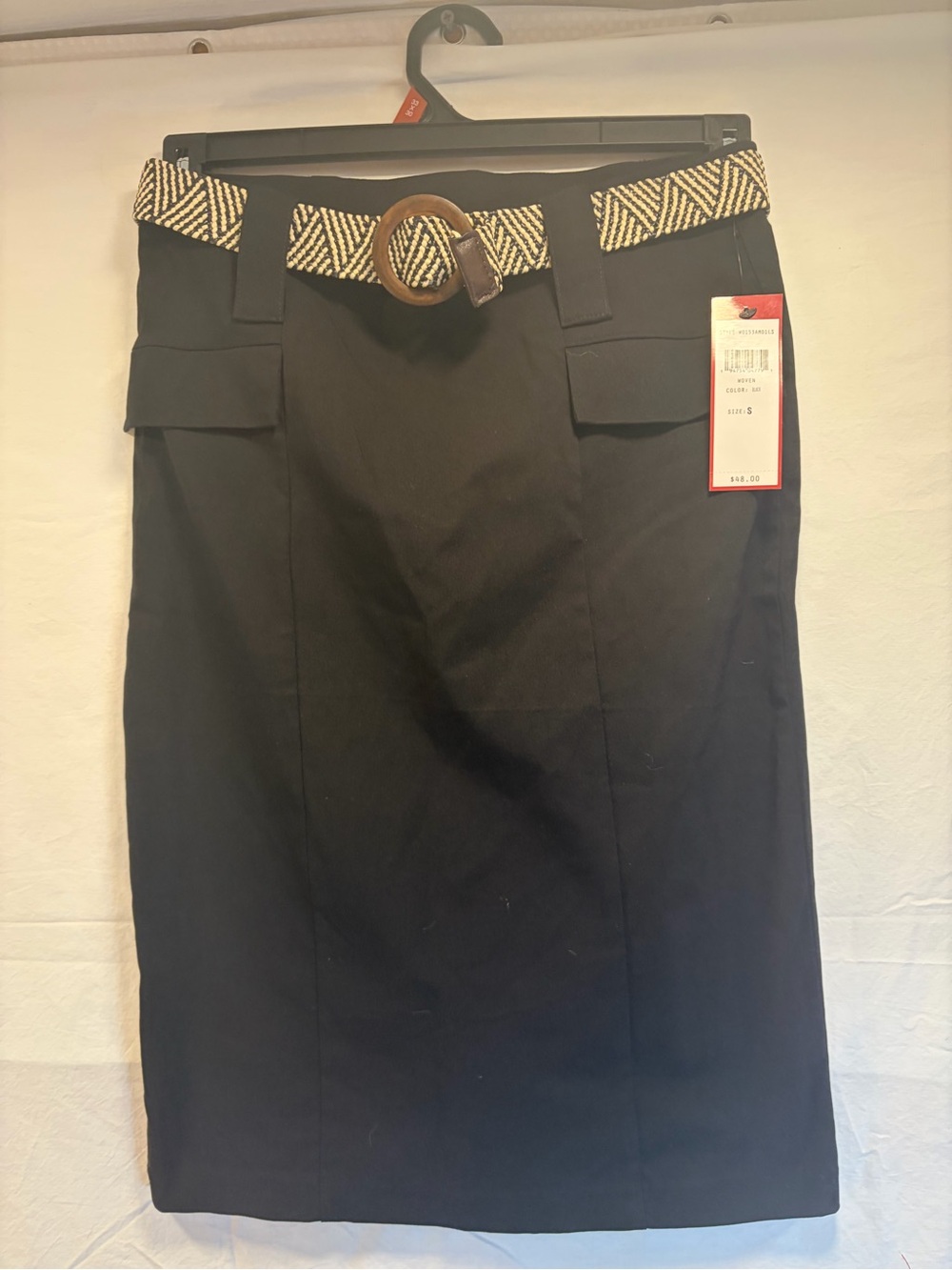 Classic Black Midi Pencil Skirt with Woven Tan-Black Belt